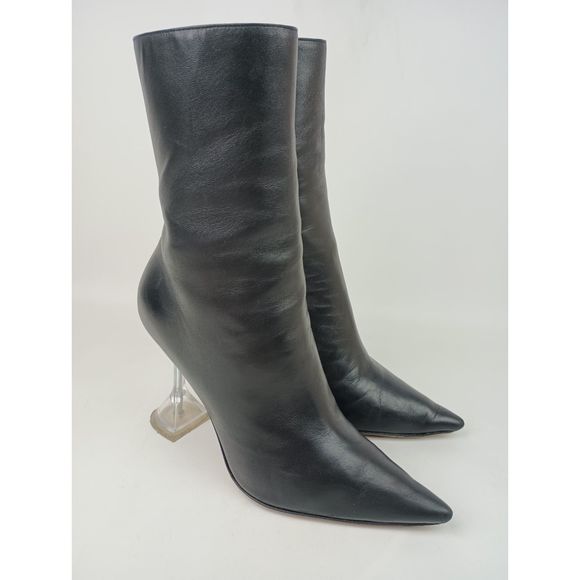 Amina Muaddi Clear Heel Giorgia Leather Ankle Black Pointed Toe Booties Size 37